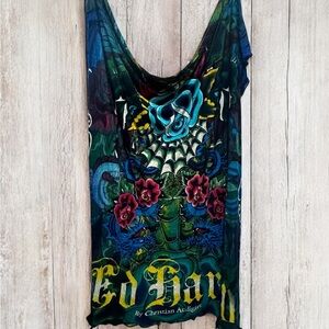 Y2K Ed Hardy Tattoo Print Sheer Scarf by Christian Audigier Graphic Scull Roses